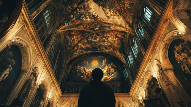 A person gazes in awe at the stunning ceiling artwork. The intricate details and vibrant colors create a mesmerizing atmosphere. Art and spirituality intertwine beautifully. Generative AI