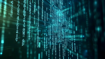 Fototapeta premium Abstract Futuristic Stream Of Teal Green Binary Code Data Flowing On Dark Background Representing Digital Information Technology