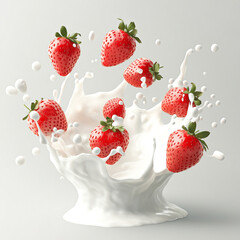 Dynamic milk splash surrounding vibrant floating strawberries