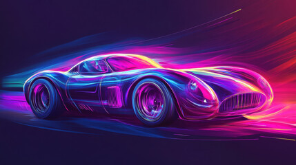Naklejka premium Neon sports car in motion, vibrant colors, abstract design