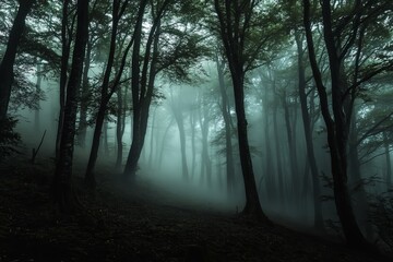 Fototapeta premium A serene and mysterious foggy forest landscape featuring dense trees shrouded in mist. This atmospheric scene evokes tranquility and depth in nature.