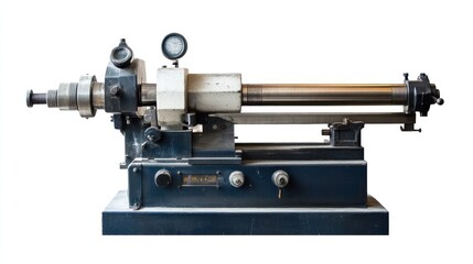 Fototapeta premium Vintage industrial machine, dark blue metal, long cylindrical component, gauges, knobs, isolated on white background.