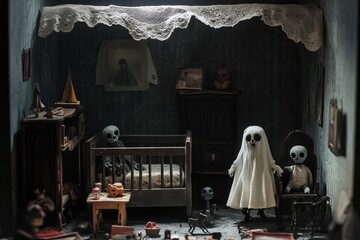 This haunting dollhouse image features ghostly figures in a dimly lit bedroom, creating an eerie atmosphere perfect for storytelling or artistic themes.