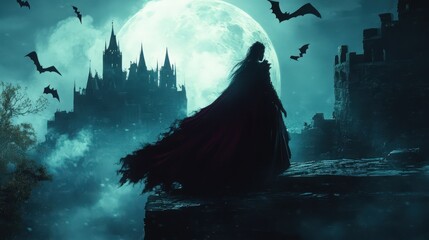 Gothic queen silhouette with bats flying, majestic castle and full moon