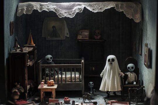 This haunting dollhouse image features ghostly figures in a dimly lit bedroom, creating an eerie atmosphere perfect for storytelling or artistic themes.