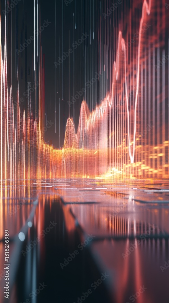Poster this abstract financial visualization features colorful data waves and lines, representing market tr