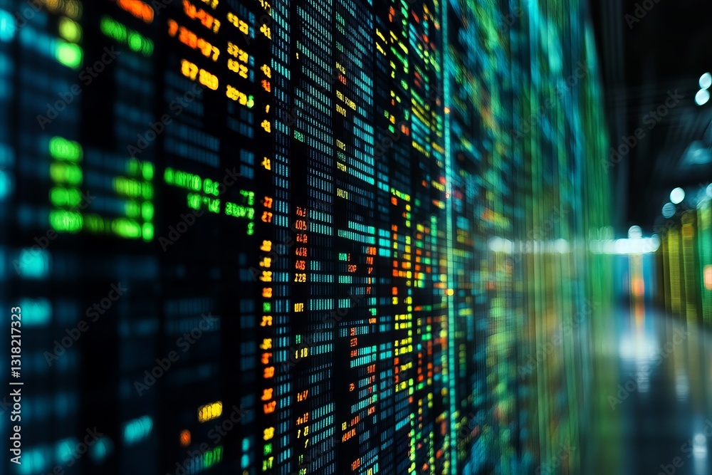 Poster a computer screen with a lot of numbers and green and red colors. the numbers are in different sizes