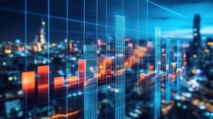 Dynamic stock market analysis graphic overlayed against a cityscape background