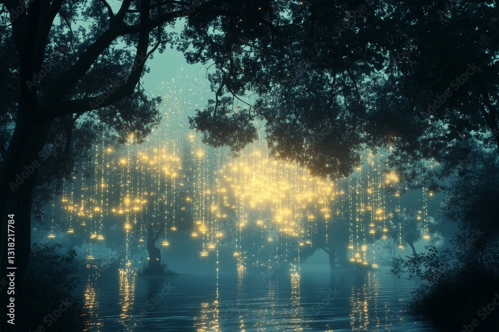Wall mural a tranquil forest scene with a glowing light effect in the trees. the lights are scattered throughou