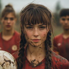 Determined Mud-Covered Teenage Girl Soccer Player with Teammates in the Background