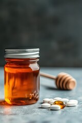 Jar of honey beside a tablet and wooden honey dipper on a textured surface in a softly lit environment. Bee Active Bee Healthy Bee Happy Week