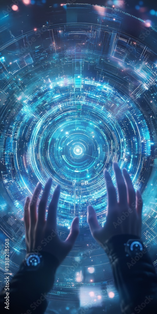 Canvas Prints futuristic hands interacting with vibrant digital portal interface