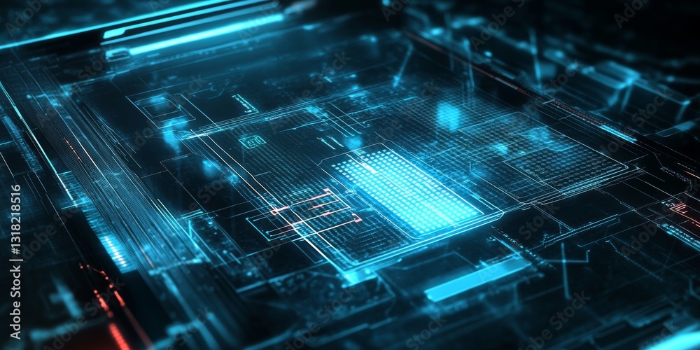 Wall mural a computer chip with a blue background. the chip is made up of many small squares. the squares are a