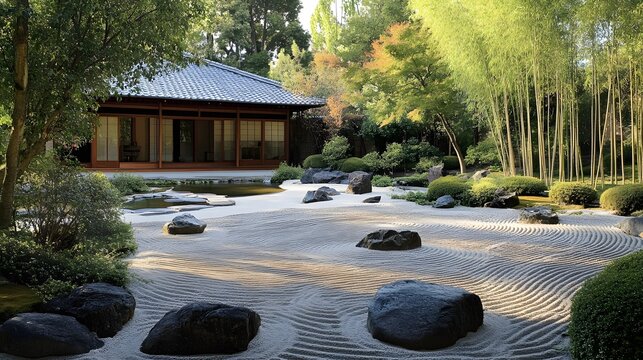 Japanese Zen Garden Serenity: A tranquil Japanese zen garden embodies peace with meticulously raked sand, artfully arranged stones, and lush greenery.