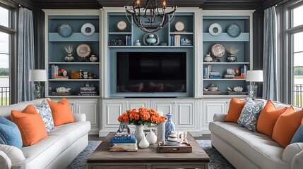 Elegant living room with built-in shelving, TV, and orange accents.