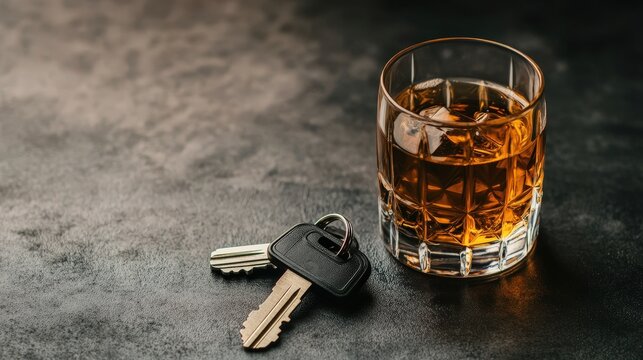 Glass of whiskey with keys displayed on a dark surface during a relaxing evening at home. Distracted Driving Awareness Month