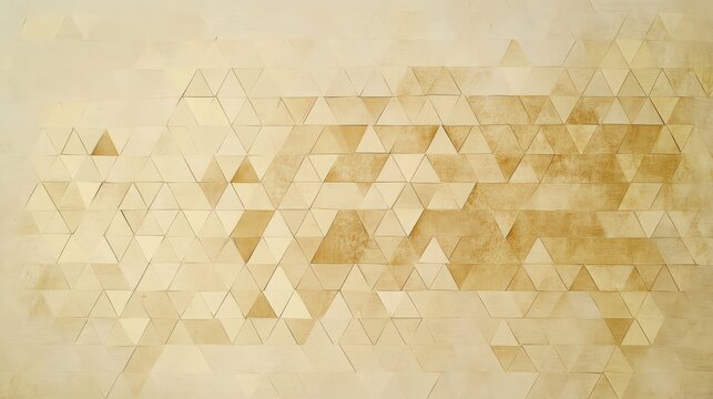 Golden triangular geometric mosaic arrangement with textured surfaces and warm lighting