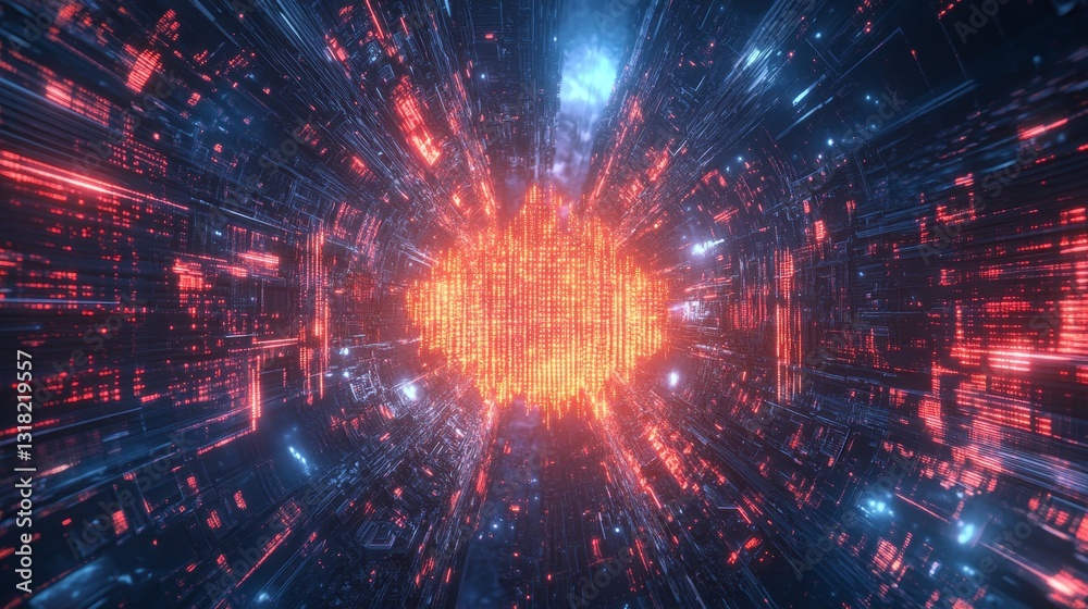 Poster this vibrant abstract image showcases a digital explosion of data with glowing elements in red and b