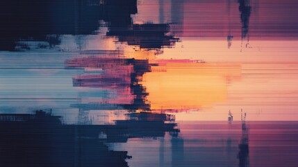 Abstract design showcases vibrant glitches resembling a sunset with striking colors and dynamic patterns throughout the composition. 404 Day