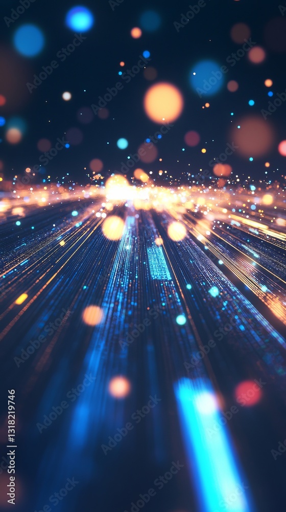 Poster explore a mesmerizing digital landscape with glowing lines and colorful particles, representing data