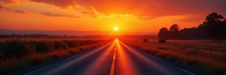 Naklejka premium Burning orange sunrise over quiet asphalt country road , photography, rural