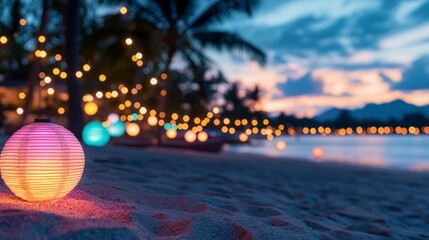 Obraz premium Serene Beach Sunset Illuminated Lanterns Bokeh Lights Tropical Paradise