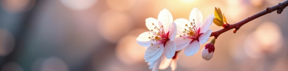 Close-up of a single white cherry blossom, sun's rays illuminate petals, HD, seasonal