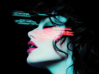 Profile view of a person with dramatic blue and red lighting and pink lipstick