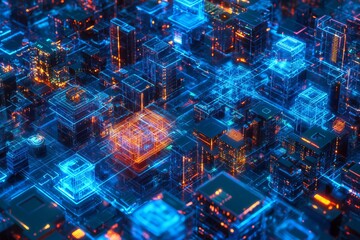 Fototapeta premium Explore a futuristic layout showcasing a clustered pattern of IoT devices, illustrating connectivity and innovation in a vibrant urban environment.