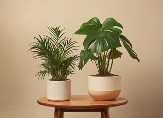Fototapeta premium Various potted plants on small side tables against a beige background, creating a minimalist and natural home decor aesthetic