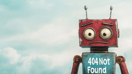Melancholic robot with droopy eyes stands alone against a cloudy sky, expressing sadness and confusion in a modern digital age. 404 Day