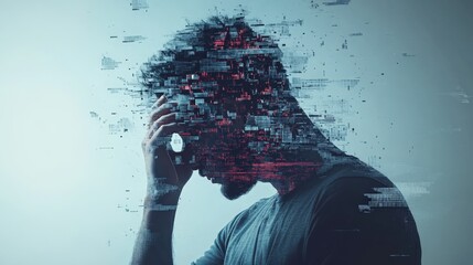 Man holds his head in distress surrounded by pixelated noise representing mental struggle and confusion. 404 Day