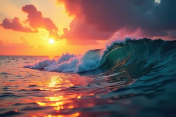 Fototapeta premium Crimson and gold hues illuminate the tranquil waves , view, sunset