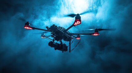 Drone Flying in Fog with Bright Red Lights and Camera Attached