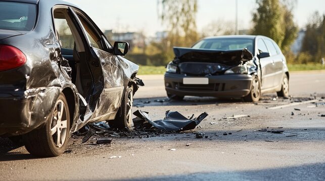 Cars involved in a serious accident due to driver inattention on a busy roadway during daylight. Distracted Driving Awareness Month - Powered by Adobe