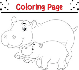 Cute Hippo animal coloring page. Jungle animal coloring book