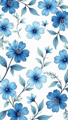 Delicate blue and white floral pattern; elegant botanical illustration , floral, plant