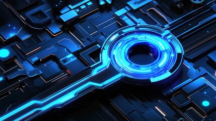 Futuristic Technology Key within Circuitry Background with Blue Glow