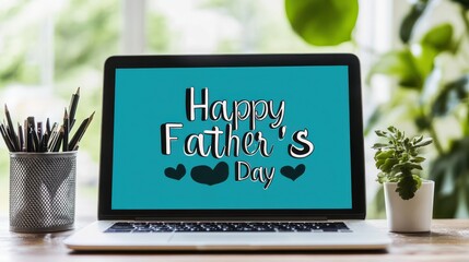 Happy Father's Day Greeting on Laptop Screen with Green Background