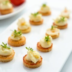 Elegant canap?s & appetizers artfully arranged on pristine white surface , fine dining, table setting, ingredients