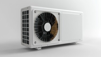White outdoor air conditioning unit with visible fan.
