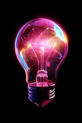 A colorful light bulb radiates a vibrant glow, featuring an abstract network design. This captivating image symbolizes creativity, innovation, and modern technology.