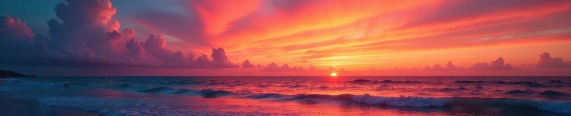 Fototapeta premium Fiery orange and pink sunset hues paint Glenelg's sky, reflecting on calm ocean waves , Australia, travel, South Australia