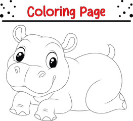 Cute Hippo animal coloring page. Jungle animal coloring book