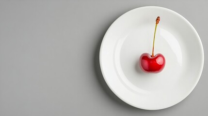Single ripe cherry on a white plate against a gray background