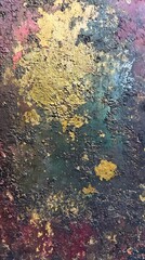 Abstract texture with vibrant gold, green, and red paint splashes on a dark background
