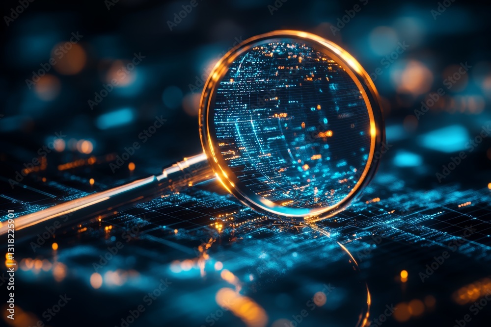 Poster a close-up view of a magnifying glass emphasizing digital data visualization, showcasing intricate n