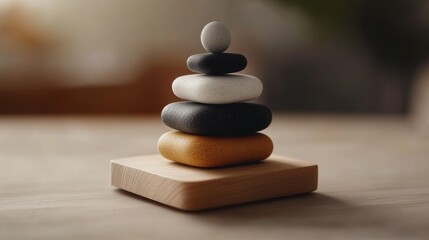 Balanced stones on a wooden base symbolizing peace.
