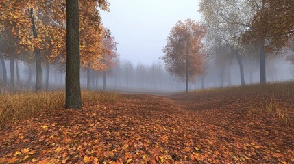 A foggy forest path surrounded by colorful autumn trees and leaves