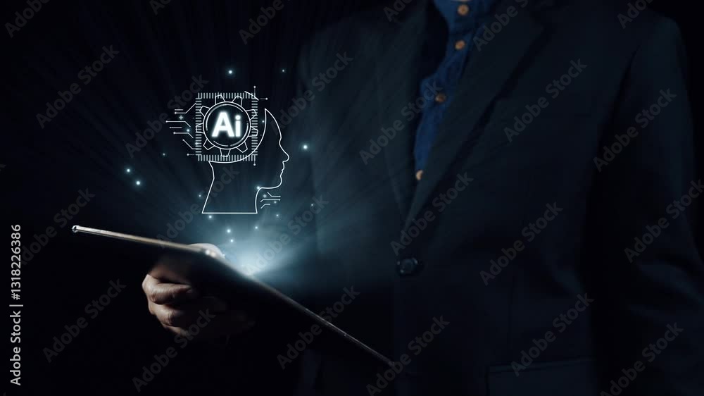 Poster human interact with ai artificial intelligence brain processor in concept of ai artificial intellige